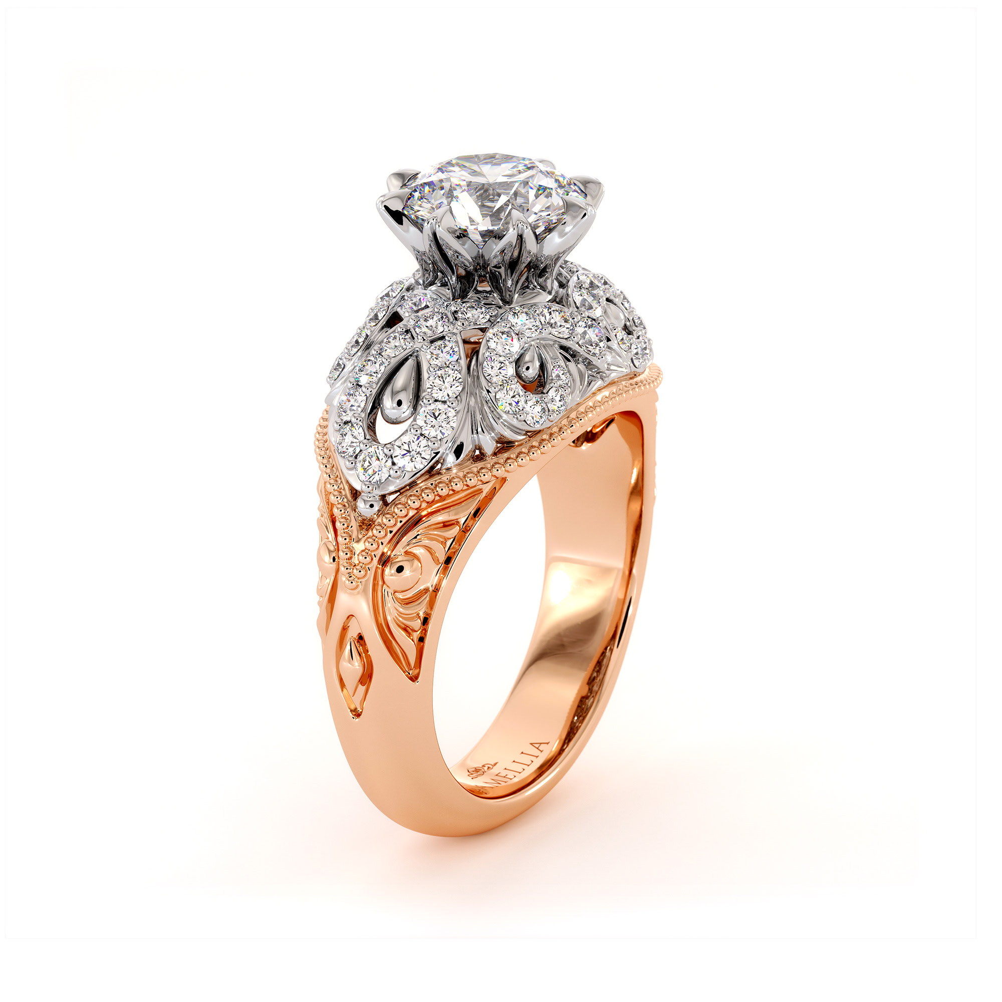 Plenty 2 Tone Gold Engagement Ring Milgrain Gold Drops Ring 1.55 Ct. Round Moissanite Ring Regal Diamonds Engagement Ring